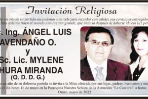 Invitación Religiosa en memoria de MSc. Ing. Ángel Luis Avendaño O. y MSc. Lic. Mylene Chura Miranda