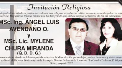 Invitación Religiosa en memoria de MSc. Ing. Ángel Luis Avendaño O. y MSc. Lic. Mylene Chura Miranda