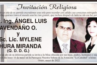Invitación Religiosa en memoria de MSc. Ing. Ángel Luis Avendaño O. y MSc. Lic. Mylene Chura Miranda