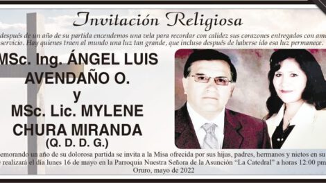 Invitación Religiosa en memoria de MSc. Ing. Ángel Luis Avendaño O. y MSc. Lic. Mylene Chura Miranda