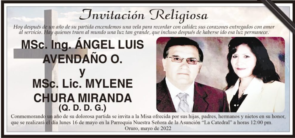 Invitación Religiosa en memoria de MSc. Ing. Ángel Luis Avendaño O. y MSc. Lic. Mylene Chura Miranda