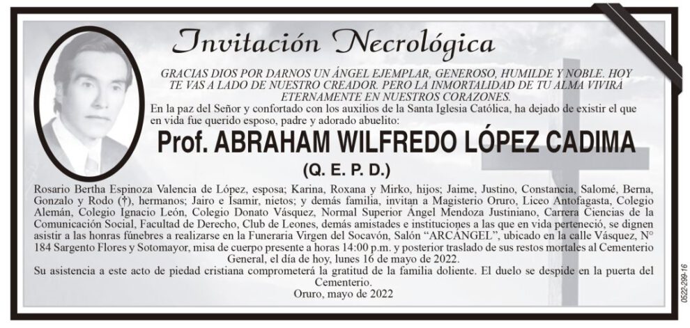 Invitación Necrológica: Prof. Abraham Wilfredo López Cadima