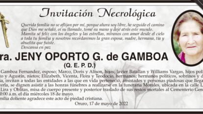 Invitación Necrológica de Jeny Oporto G. de Gamboa