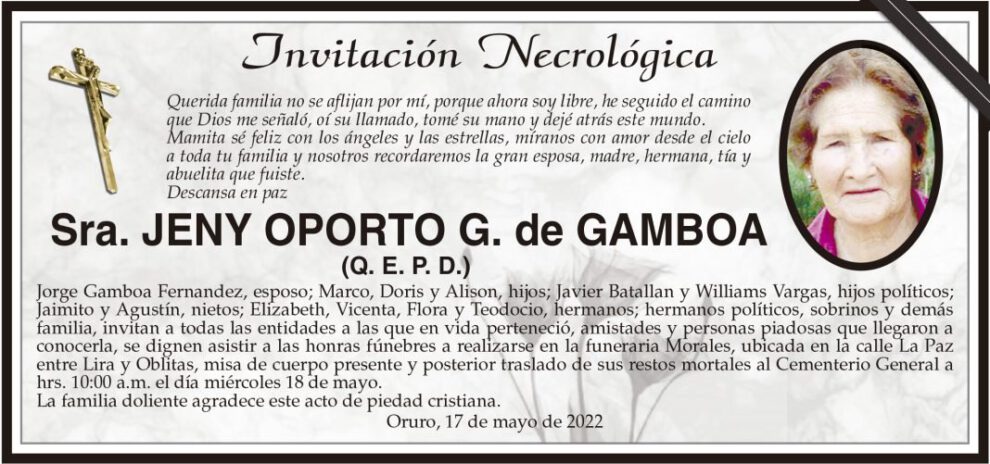 Invitación Necrológica de Jeny Oporto G. de Gamboa