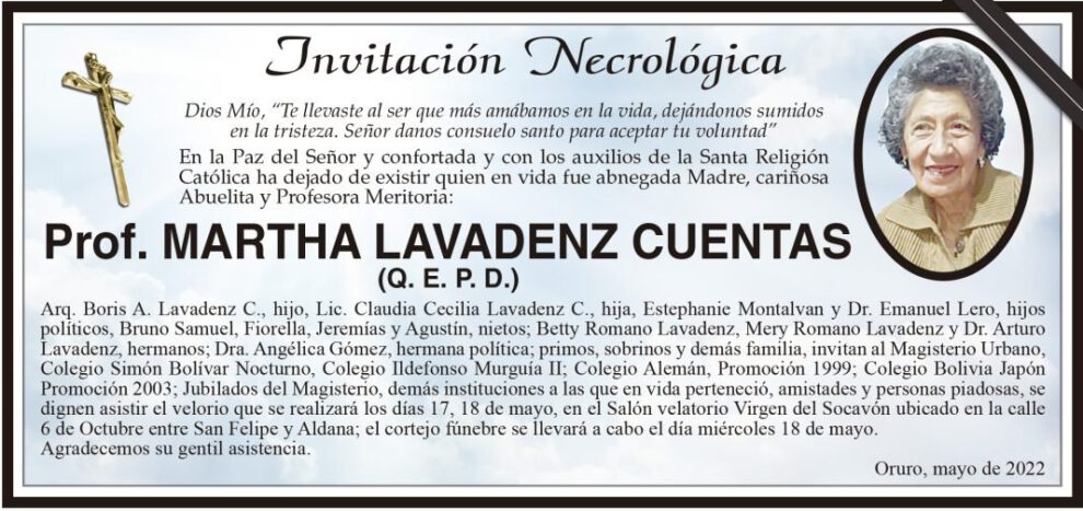 Invitación Necrológica: Prof. Martha Lavadenz Cuentas