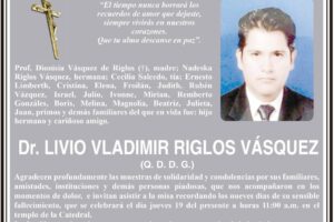 Agradecimiento e Invitación Religiosa: Dr. Livio Vladimir Riglos Vásquez