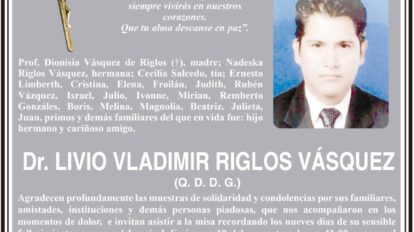 Agradecimiento e Invitación Religiosa: Dr. Livio Vladimir Riglos Vásquez