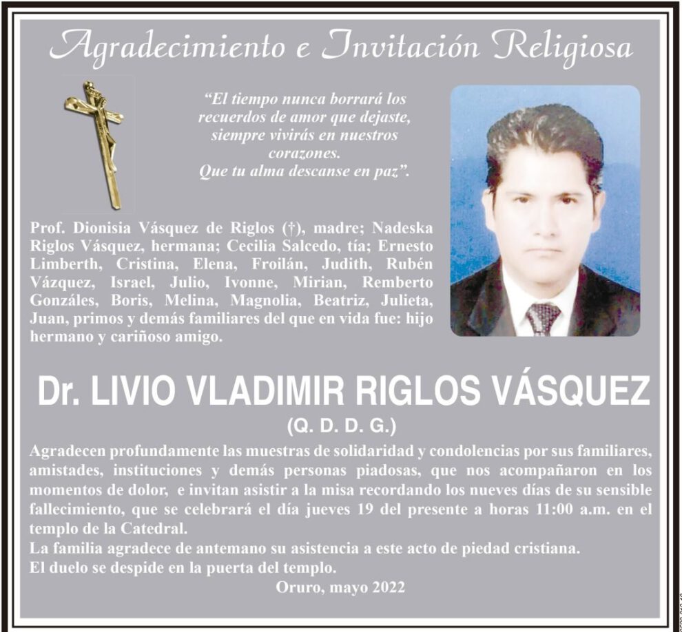 Agradecimiento e Invitación Religiosa: Dr. Livio Vladimir Riglos Vásquez