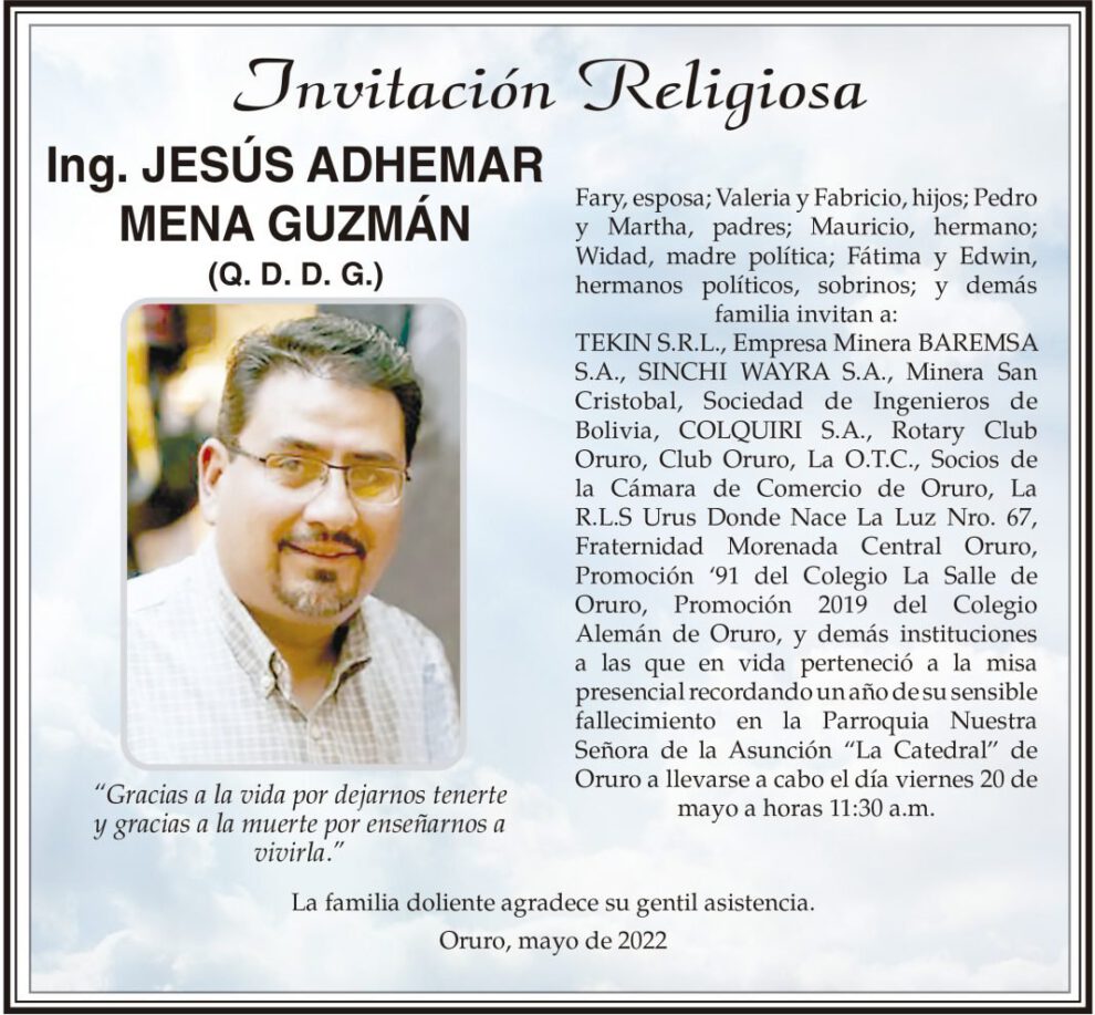 Ing. Jesús Adhemar Mena Guzmán, obituario y misa presencial