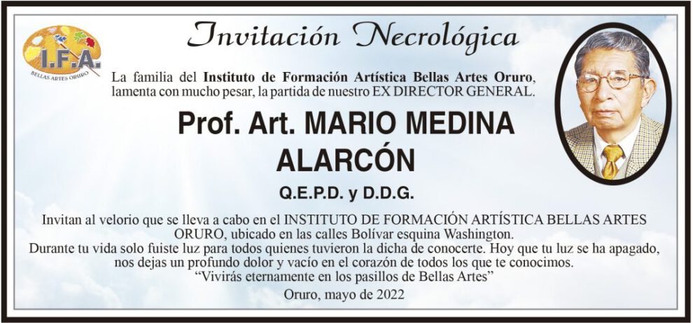 Invitación Necrológica: Prof. Art. Mario Medina Alarcón Q.E.P.D.