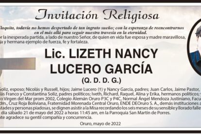 Lic. Lizeth Nancy Lucero García invitación religiosa