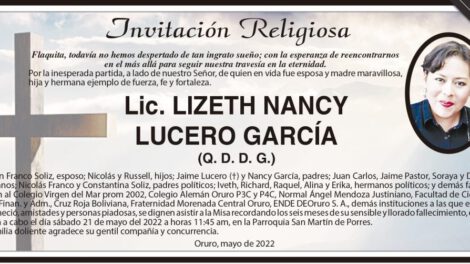 Lic. Lizeth Nancy Lucero García invitación religiosa