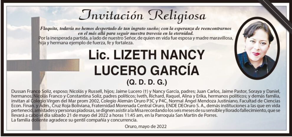 Lic. Lizeth Nancy Lucero García invitación religiosa