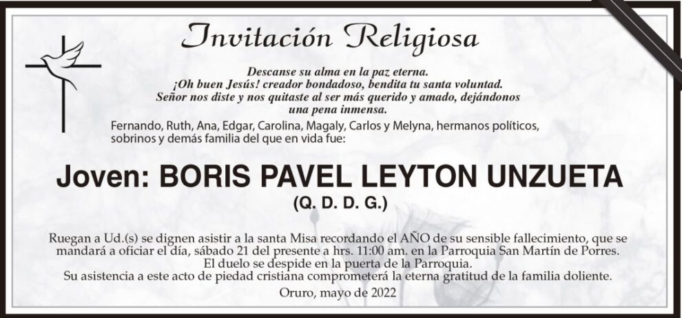 Obituario de Boris Pavel Leyton Unzueta
