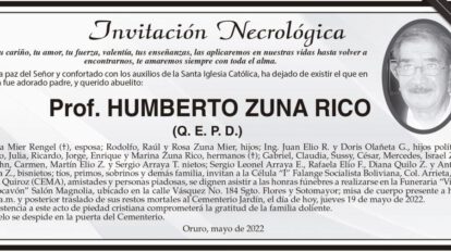 Invitación Necrológica: Prof. Humberto Zuna Rico