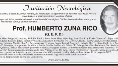 Invitación Necrológica: Prof. Humberto Zuna Rico