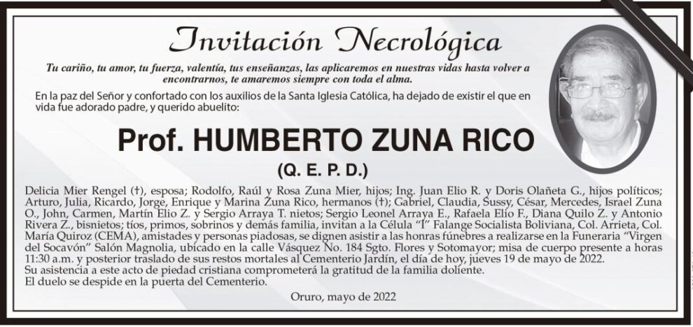 Invitación Necrológica: Prof. Humberto Zuna Rico