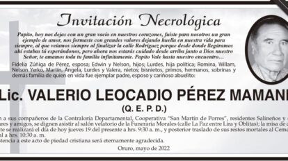 Invitación Necrológica Lic. Valerio Leocadio Pérez Mamani