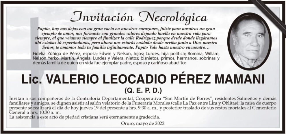 Invitación Necrológica Lic. Valerio Leocadio Pérez Mamani