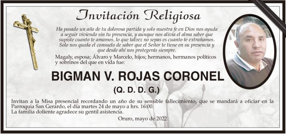 Invitación Religiosa para BIGMAN V. ROJAS CORONEL