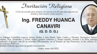Ing. Freddy Huanca Canaviri, invitación religiosa en su primer aniversario de fallecimiento