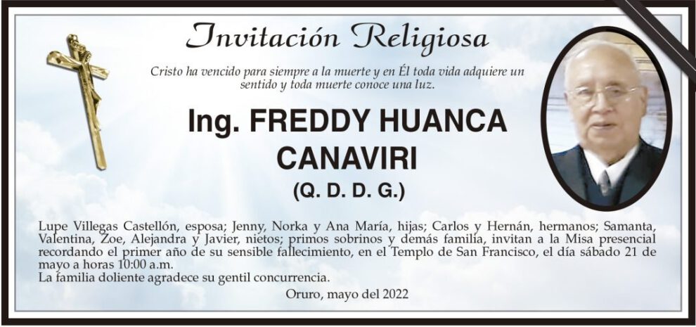 Ing. Freddy Huanca Canaviri, invitación religiosa en su primer aniversario de fallecimiento