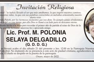 Lic. Prof. M. Polonia Selaya Delgadillo, invitación a misa en su memoria
