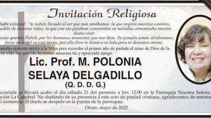 Lic. Prof. M. Polonia Selaya Delgadillo, invitación a misa en su memoria