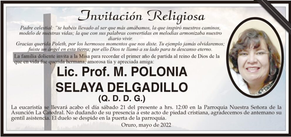Lic. Prof. M. Polonia Selaya Delgadillo, invitación a misa en su memoria