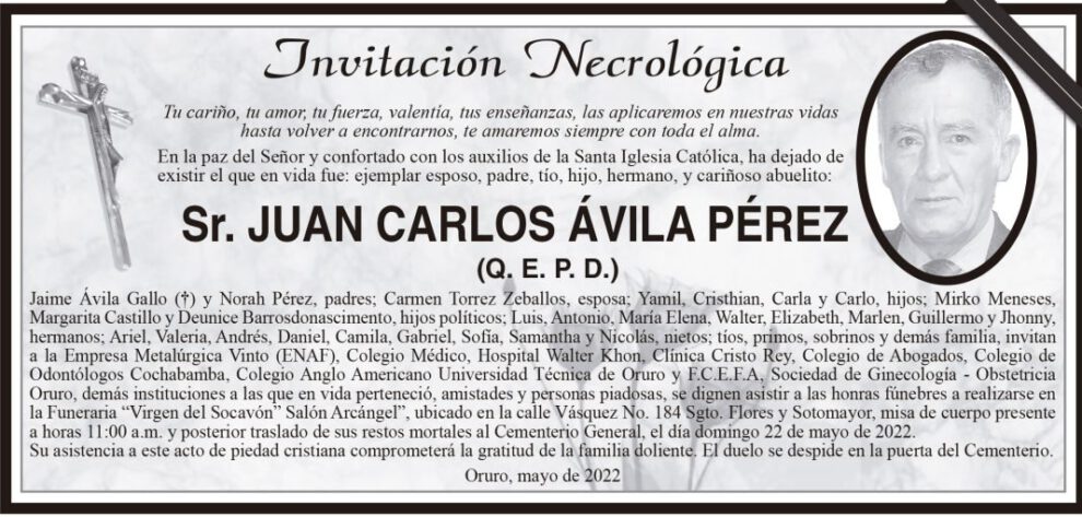 Invitación Necrológica para Juan Carlos Ávila Pérez
