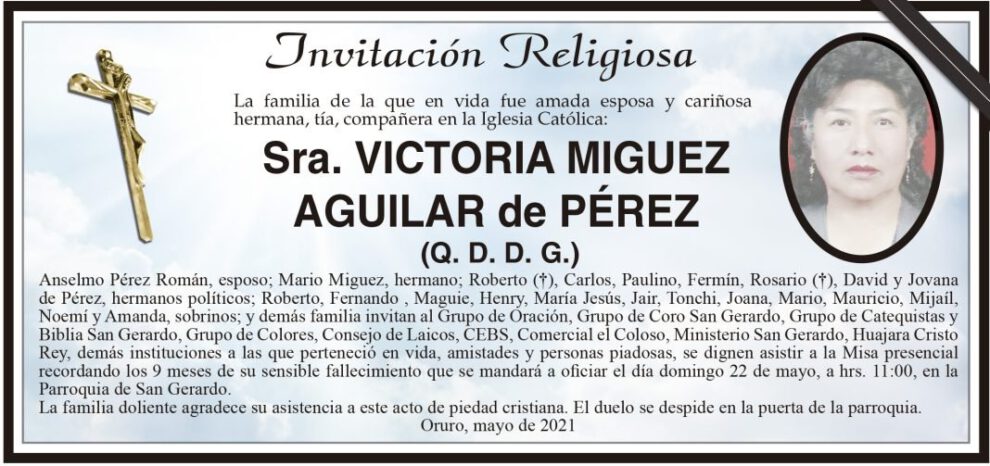 Invitación Religiosa para recordar a Victoria Miguez Aguilar