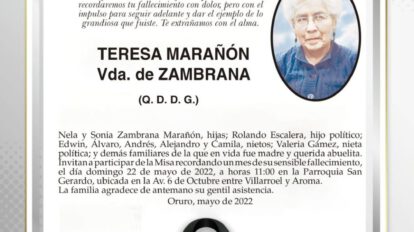 Invitación Religiosa para recordar a Teresa Marañón Vda. de Zambrana