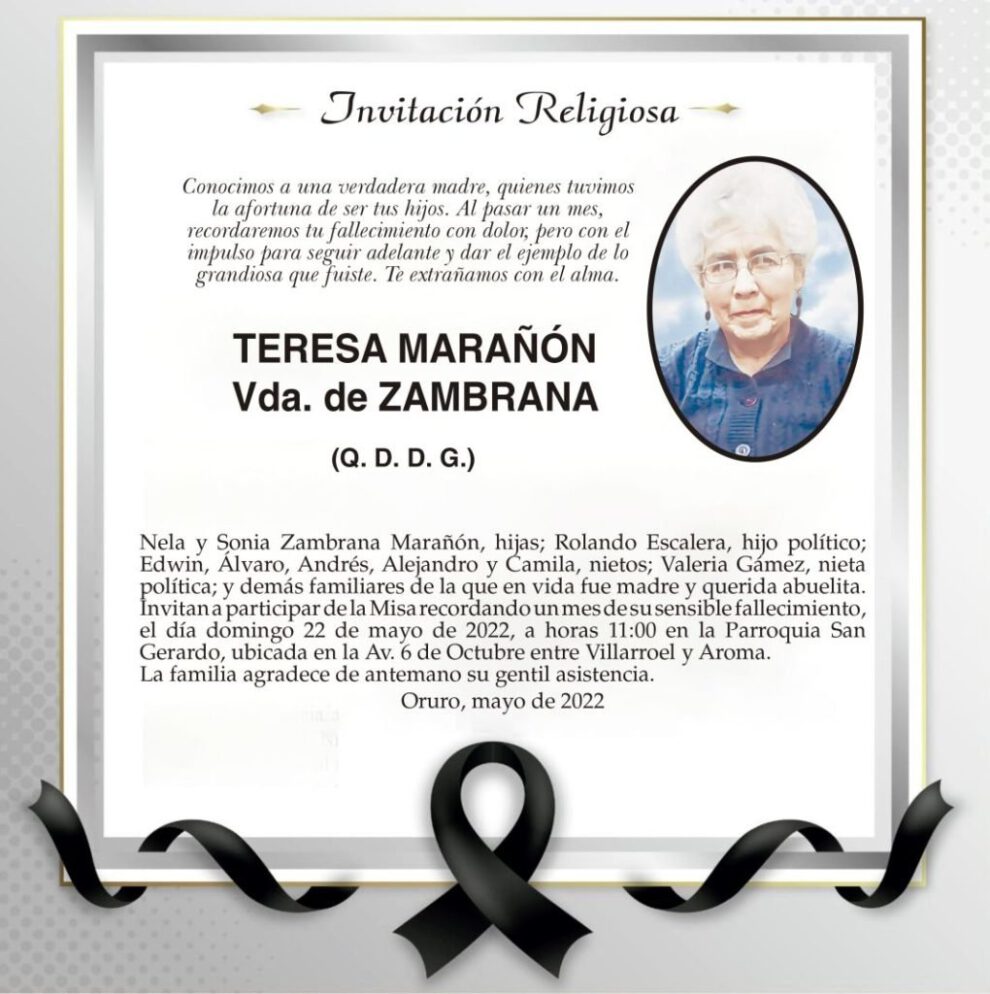 Invitación Religiosa para recordar a Teresa Marañón Vda. de Zambrana