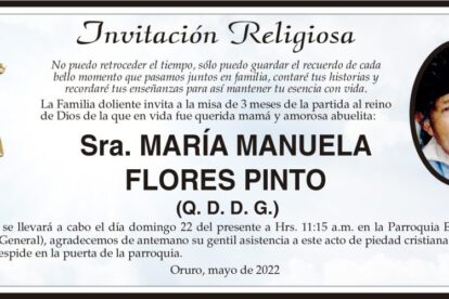 Invitación religiosa para la misa de 3 meses de María Manuela Flores Pinto