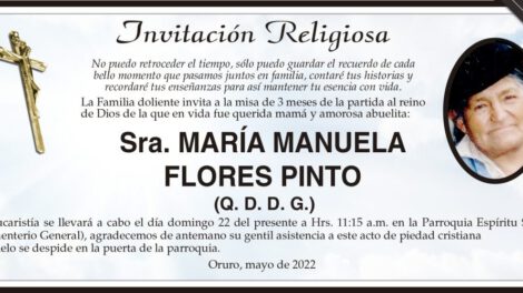 Invitación religiosa para la misa de 3 meses de María Manuela Flores Pinto