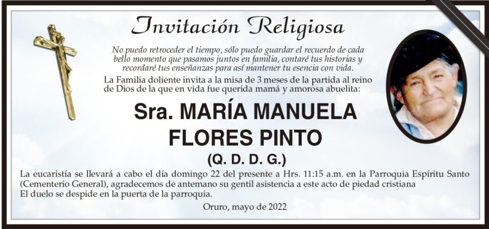 Invitación religiosa para la misa de 3 meses de María Manuela Flores Pinto