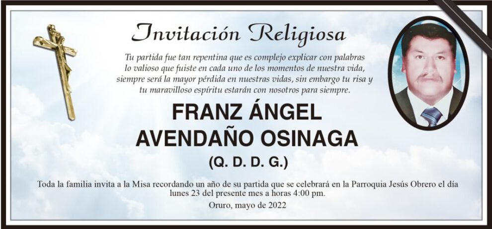 Invitación Religiosa para Franz Ángel Avendaño Osinaga
