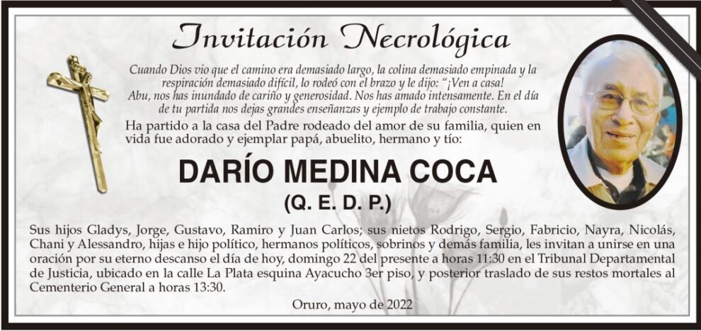 Invitación Necrológica de Darío Medina Coca