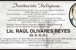 Lic. Raúl Olivares Reyes, invitación a misa en su memoria