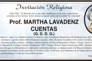 Invitación Religiosa para Prof. Martha Lavadenz Cuentas