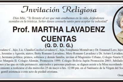 Invitación Religiosa para Prof. Martha Lavadenz Cuentas