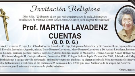 Invitación Religiosa para Prof. Martha Lavadenz Cuentas