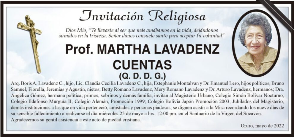 Invitación Religiosa para Prof. Martha Lavadenz Cuentas
