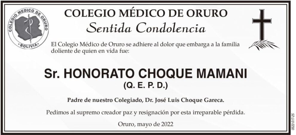 Condolencias por la muerte de Honorato Choque Mamani
