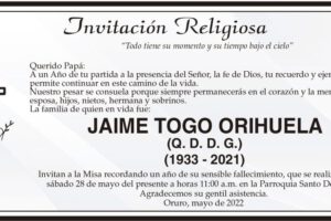 Invitación Religiosa para Jaime Togo Orihuela