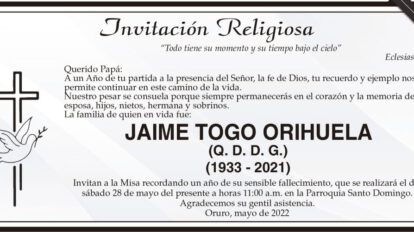 Invitación Religiosa para Jaime Togo Orihuela