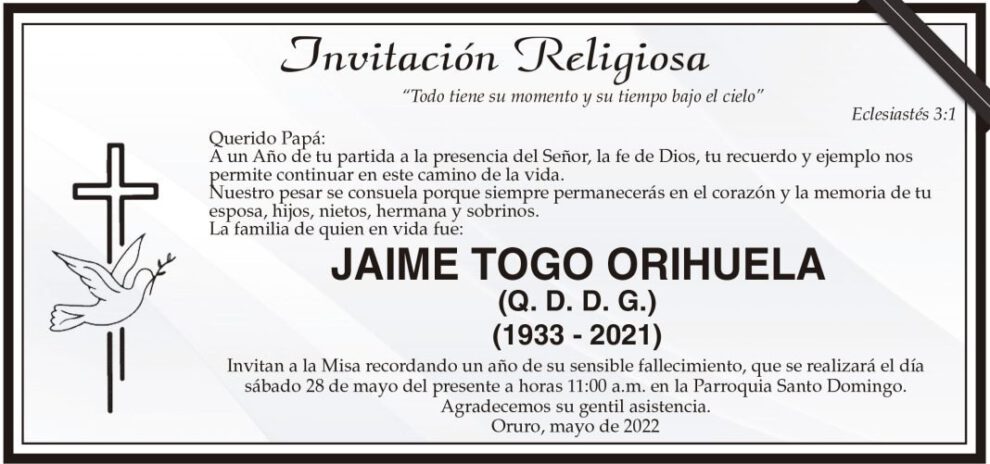 Invitación Religiosa para Jaime Togo Orihuela