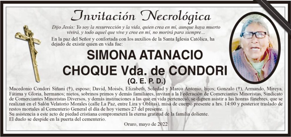 Invitación Necrológica de Simona Atanacio Choque