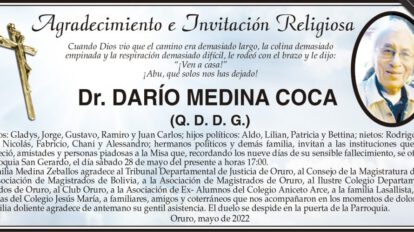Agradecimiento e Invitación Religiosa por el Dr. Darío Medina Coca