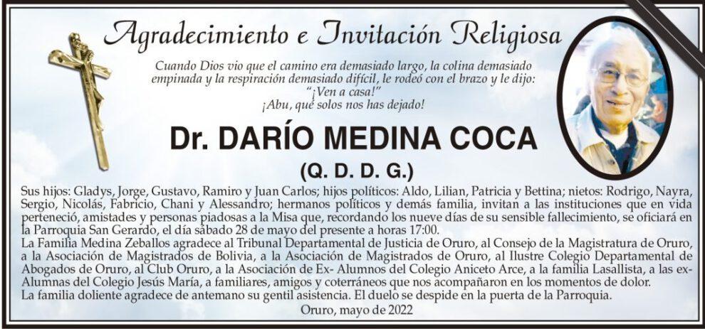 Agradecimiento e Invitación Religiosa por el Dr. Darío Medina Coca